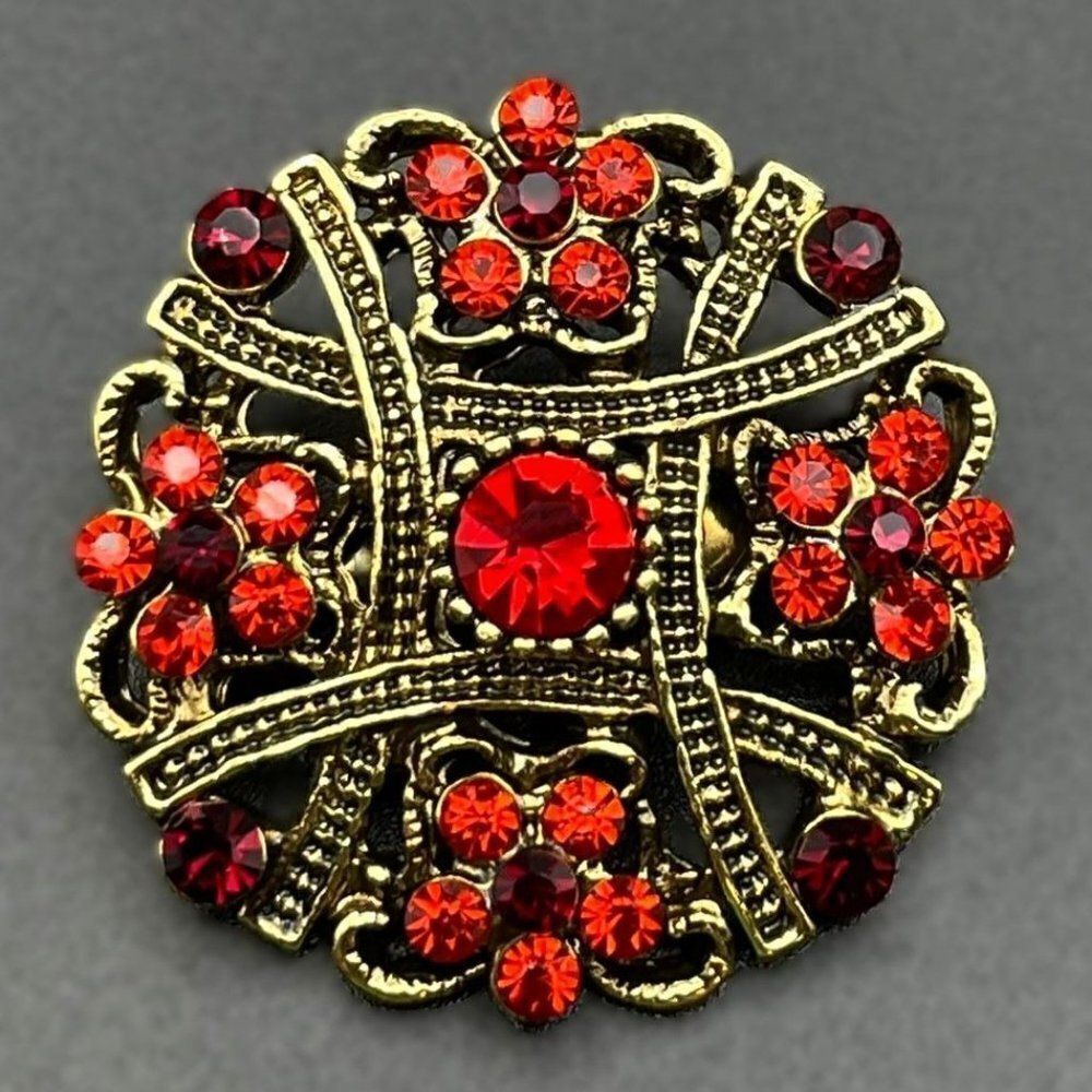 Yellow Gold with Ruby Red and Garnet Red Crystal Flower Pin Back Brooch
